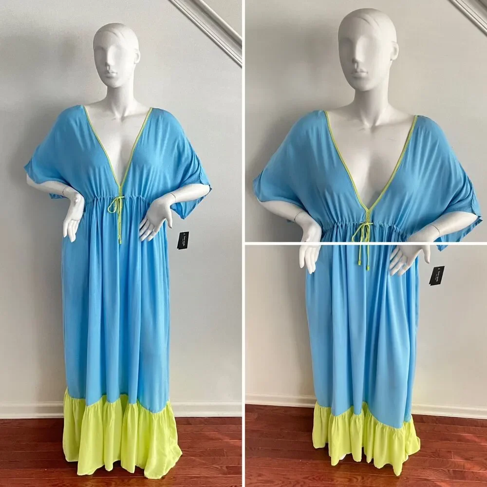 Kate Spade New York Midi Cover Up Tiered Dress Color Block Blue Green XL